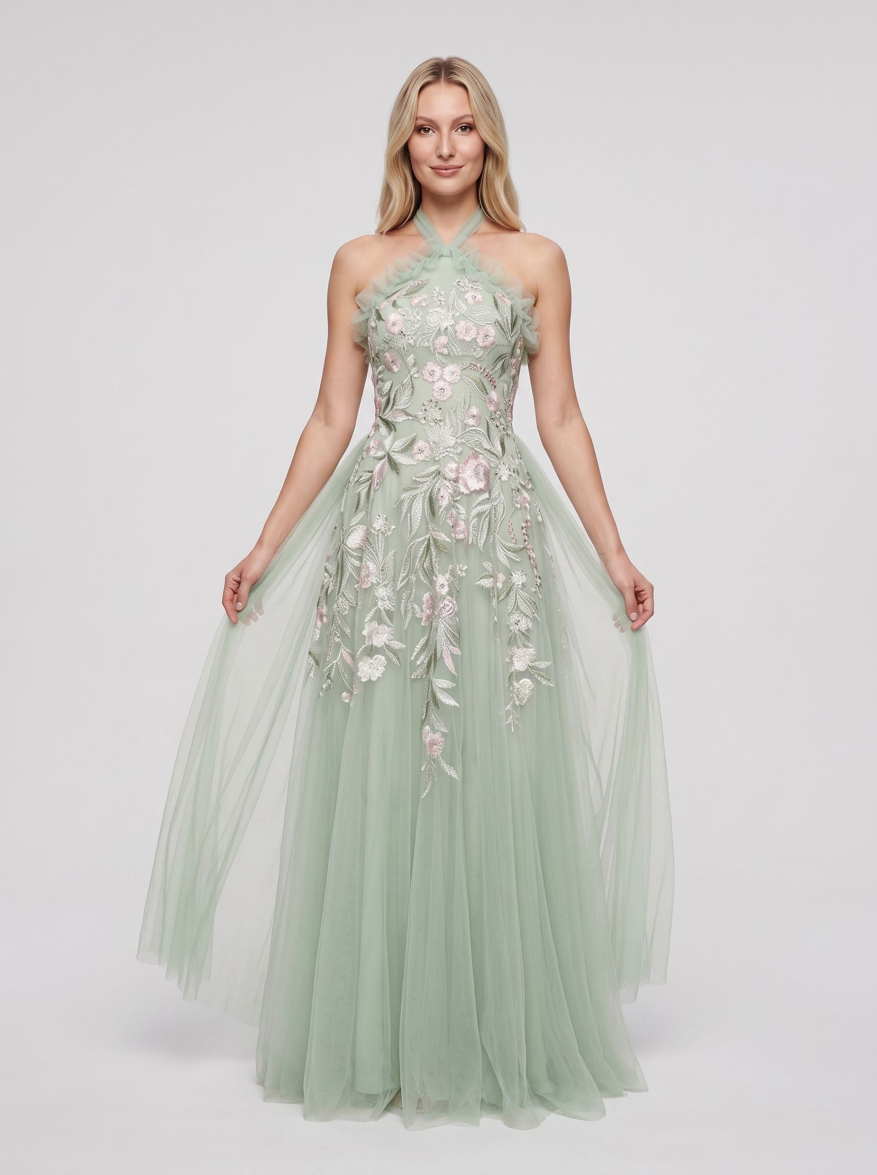 Sage Green Tulle A-Line Halter Keyhole back with tie Floor-Length Dress Front View - Jimiss