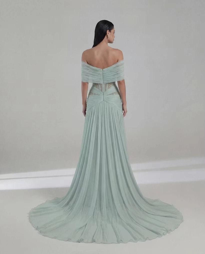 Sage Green Tulle A-Line Off-the-Shoulder Back Zip Floor-Length Dress Back View - Jimiss