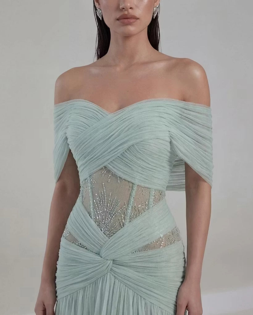 Sage Green Tulle A-Line Off-the-Shoulder Back Zip Floor-Length Dress Detail - Jimiss
