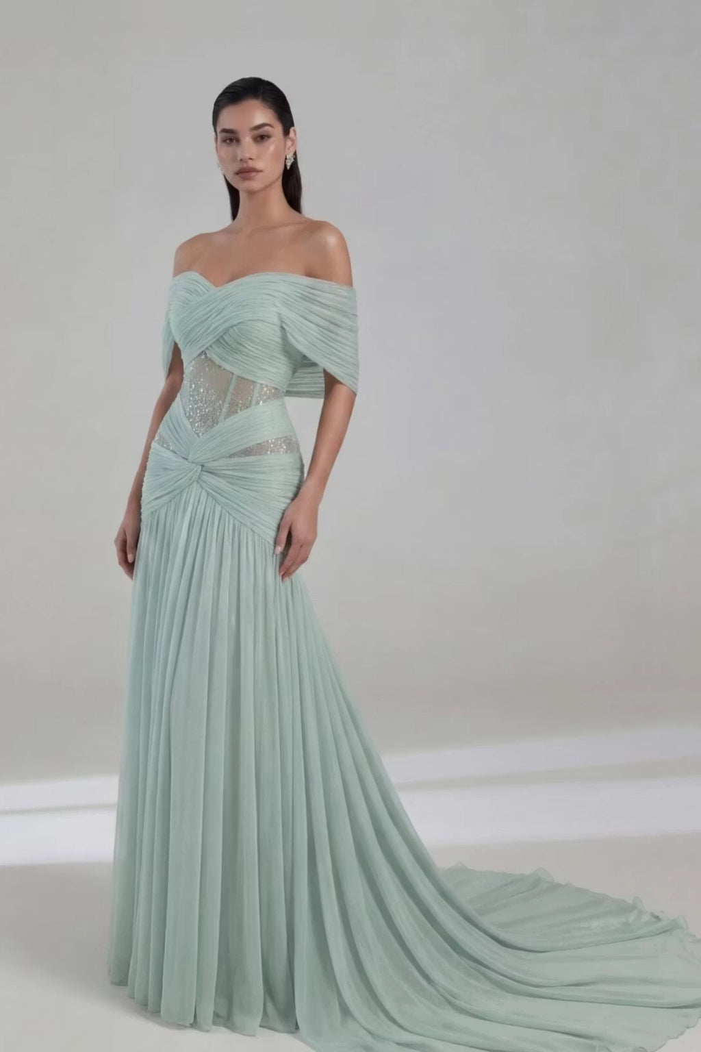 Sage Green Tulle A-Line Off-the-Shoulder Back Zip Floor-Length Dress Front View - Jimiss