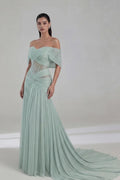 Sage Green Tulle A-Line Off-the-Shoulder Back Zip Floor-Length Dress Front View - Jimiss