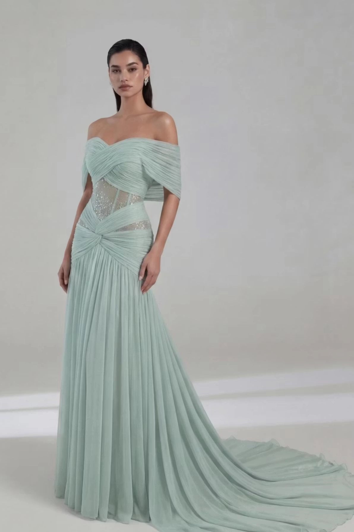 Sage Green Tulle A-Line Off-the-Shoulder Back Zip Floor-Length Dress Front View - Jimiss