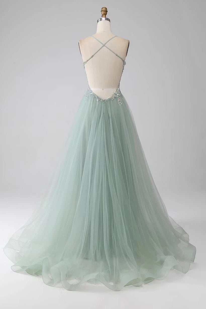 Sage Green Tulle A-Line V-Neck Criss-Cross Back Floor-Length Dress Back View - Jimiss