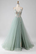Sage Green Tulle A-Line V-Neck Criss-Cross Back Floor-Length Dress Front View - Jimiss