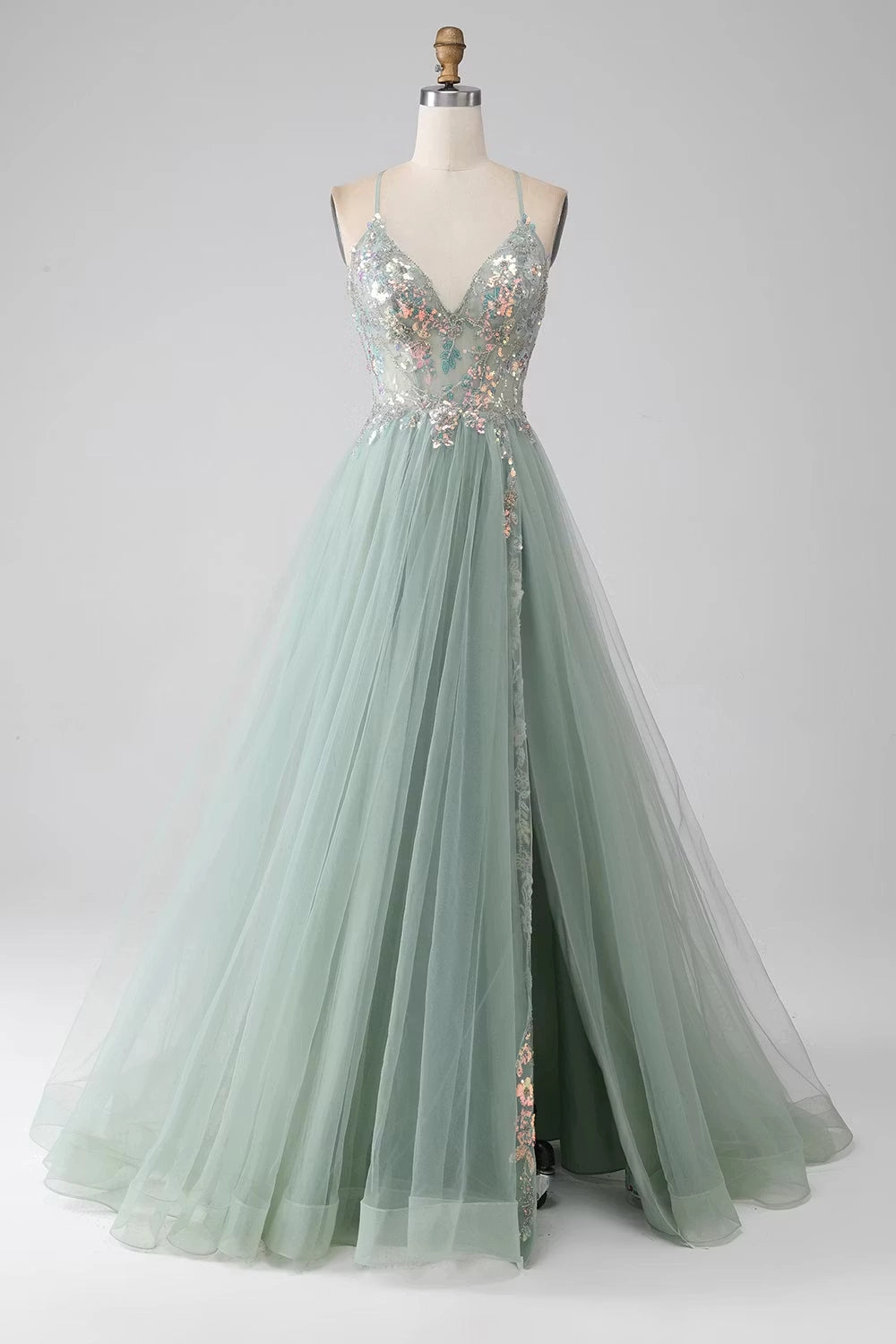 Sage Green Tulle A-Line V-Neck Criss-Cross Back Floor-Length Dress Front View - Jimiss