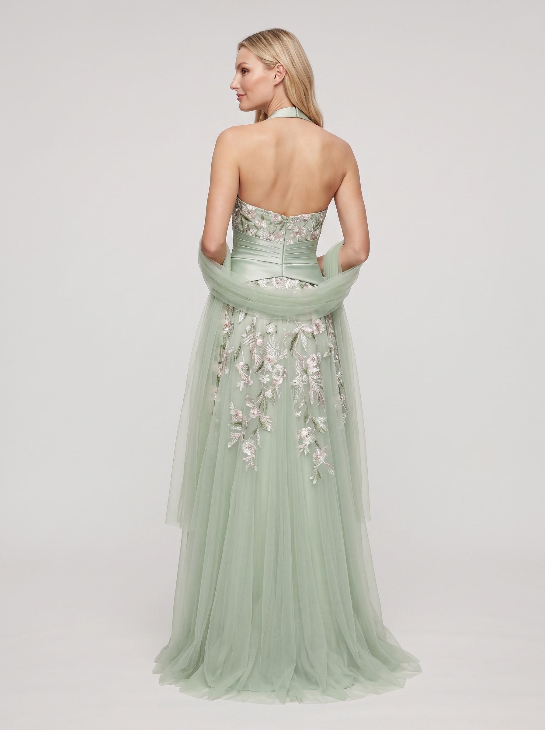 Sage Green Tulle and Satin A-Line Halter Zipper Back Floor Length Dress Back View - Jimiss