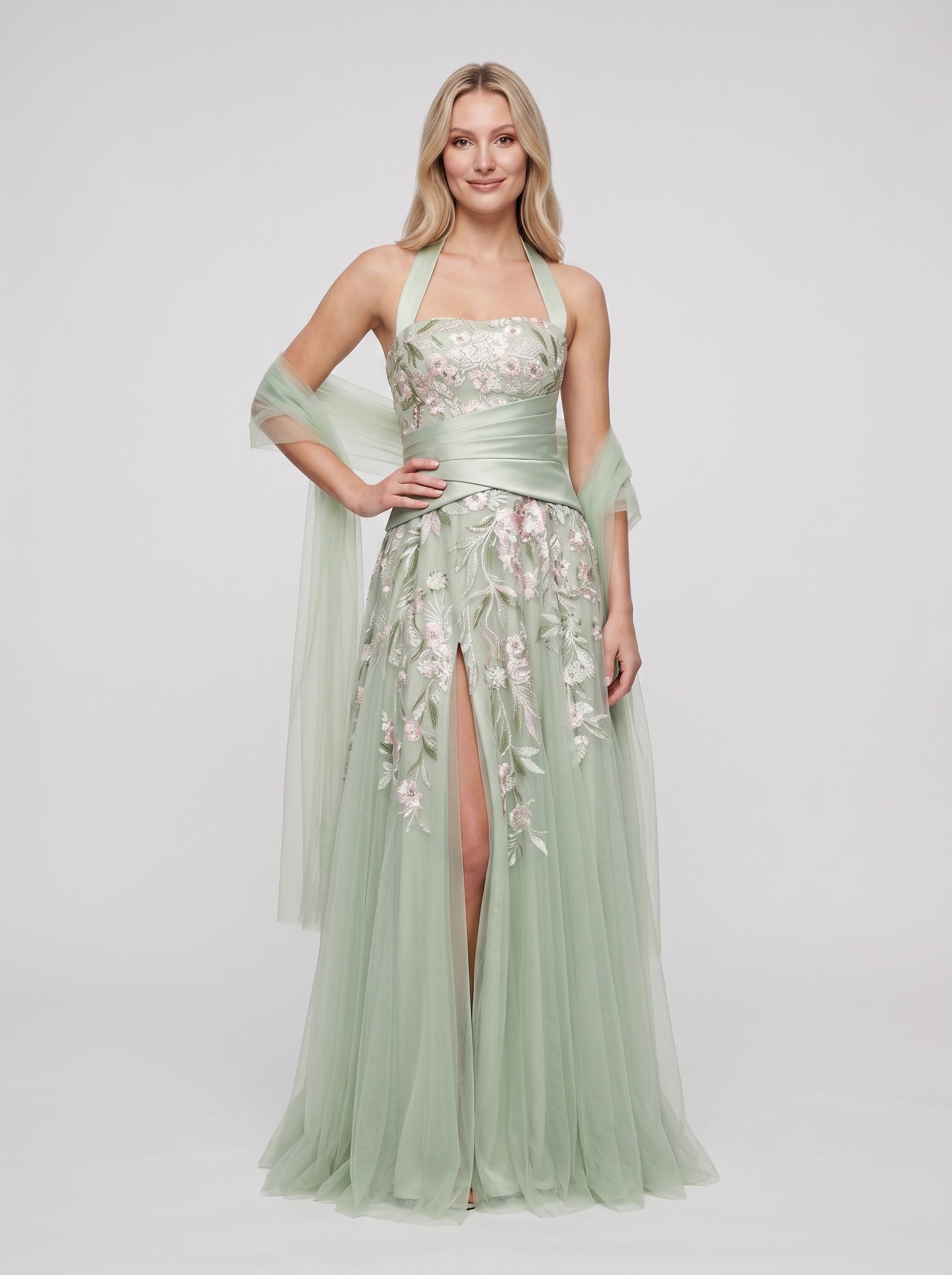 Sage Green Tulle and Satin A-Line Halter Zipper Back Floor Length Dress Front View - Jimiss