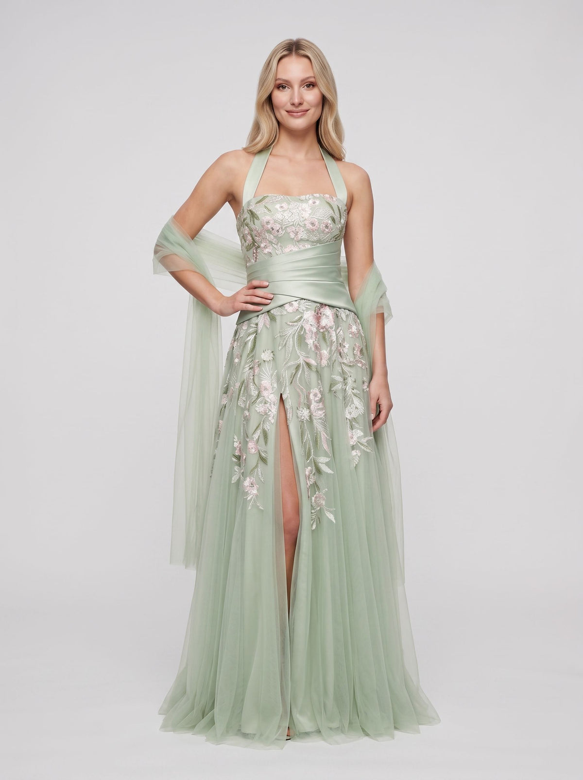 Sage Green Tulle and Satin A-Line Halter Zipper Back Floor Length Dress Front View - Jimiss