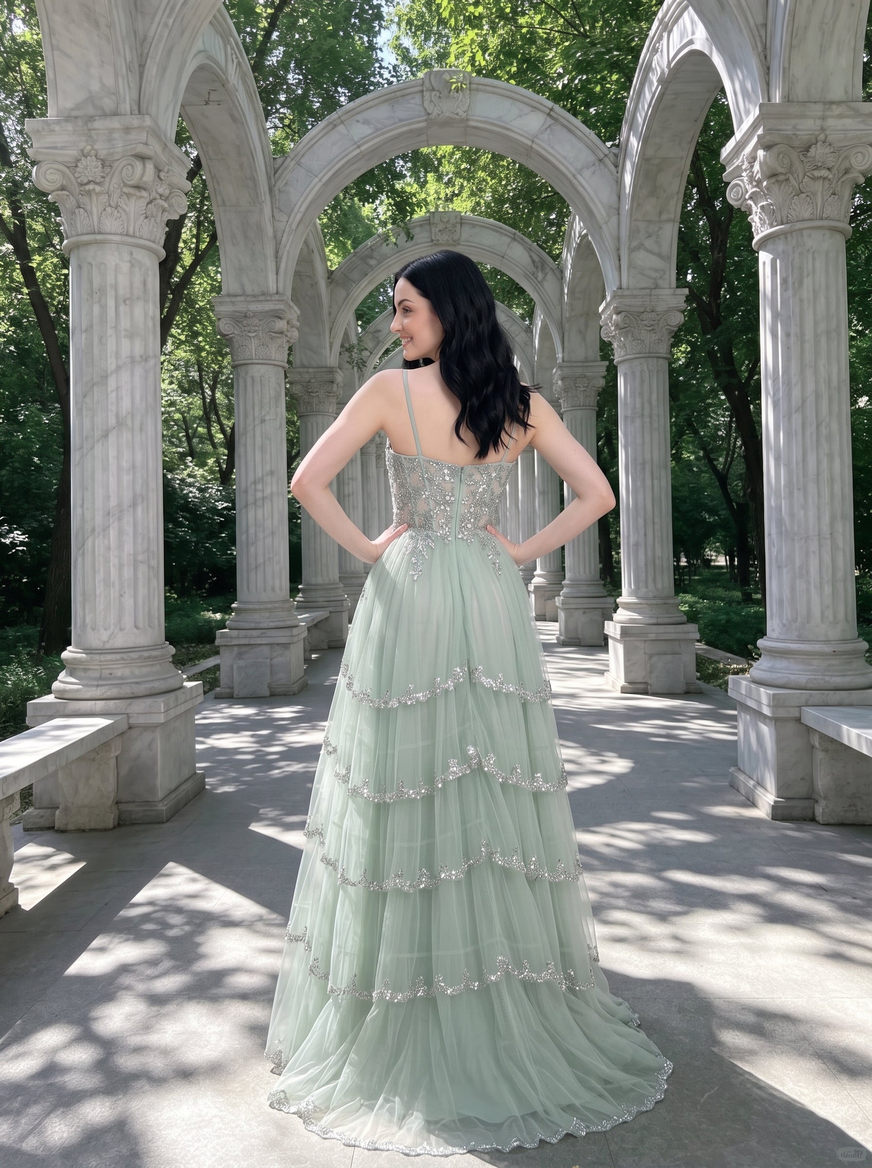 Sage Green Tulle & Sequins A-Line Sweetheart Zipper Back Floor Length Dress Back View - Jimiss