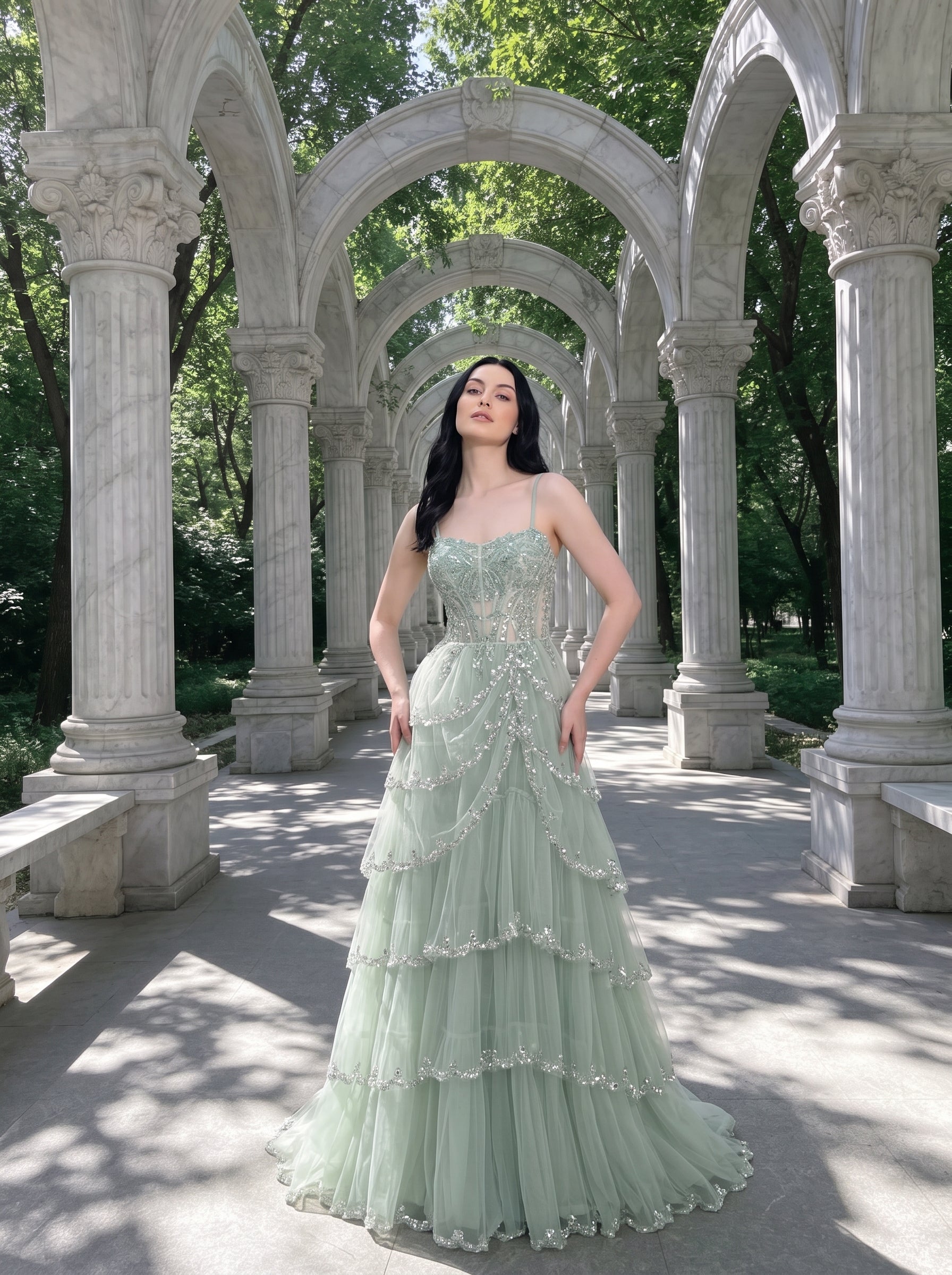 Sage Green Tulle & Sequins A-Line Sweetheart Zipper Back Floor Length Dress Front View - Jimiss