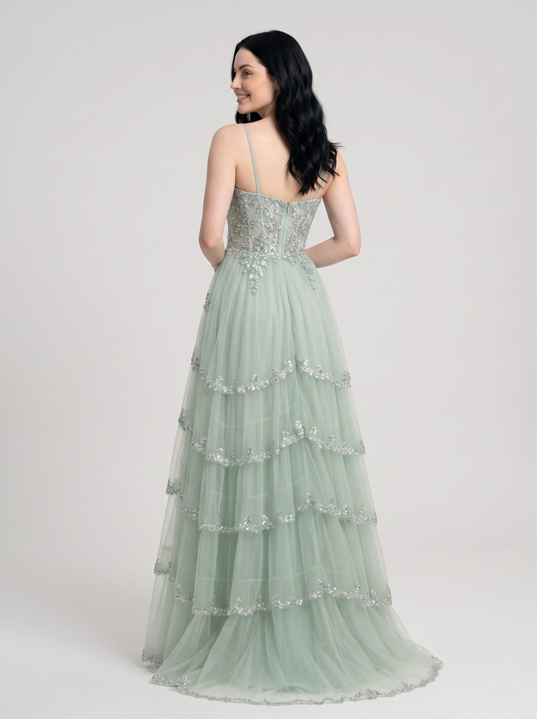Sage Green Tulle & Sequins A-Line Sweetheart Zipper Back Floor Length Dress - Jimiss