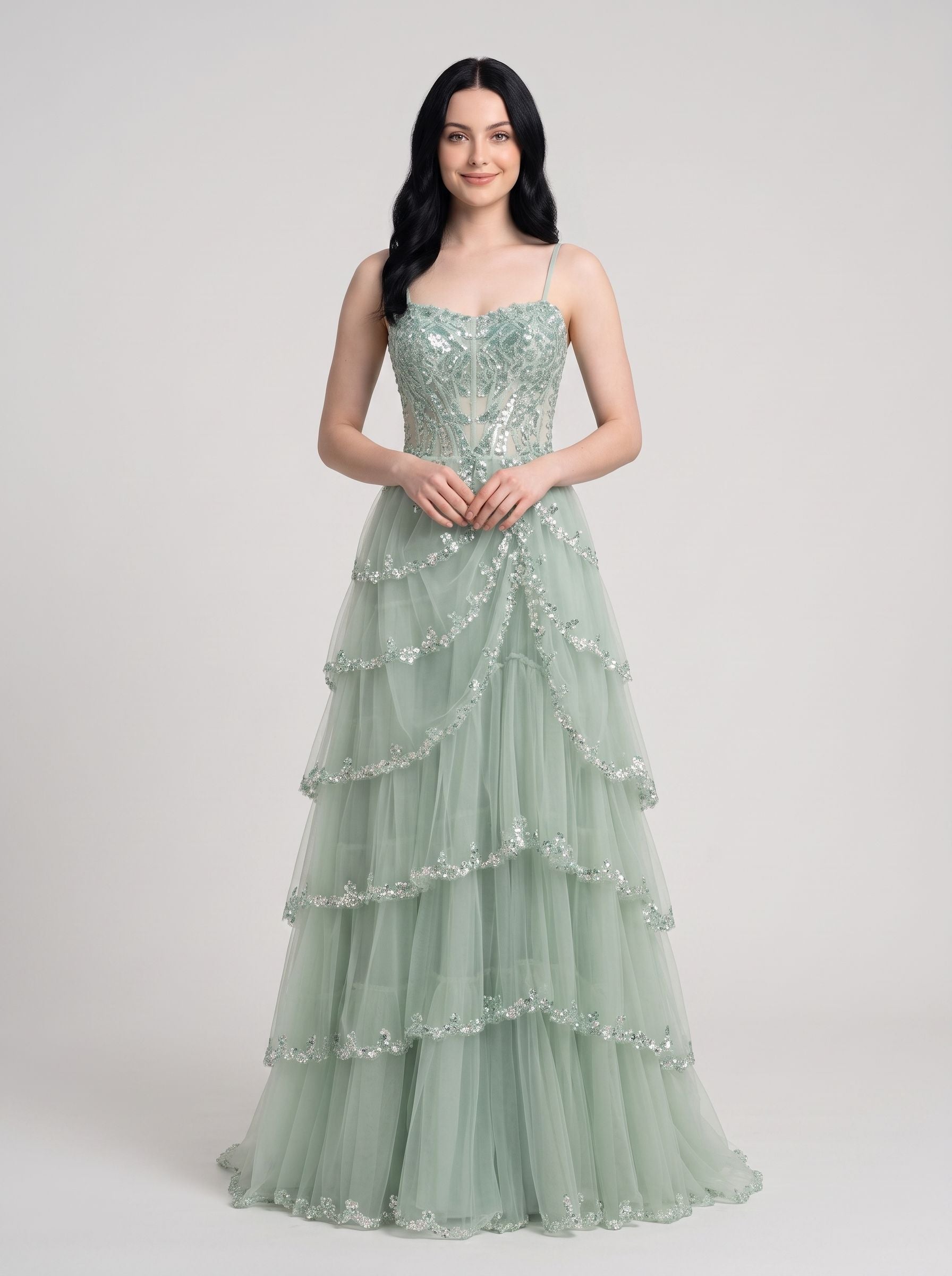 Sage Green Tulle & Sequins A-Line Sweetheart Zipper Back Floor Length Dress - Jimiss