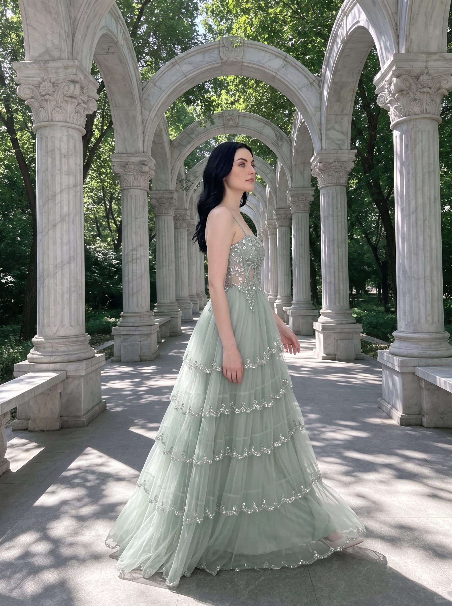 Sage Green Tulle & Sequins A-Line Sweetheart Zipper Back Floor Length Dress - Jimiss
