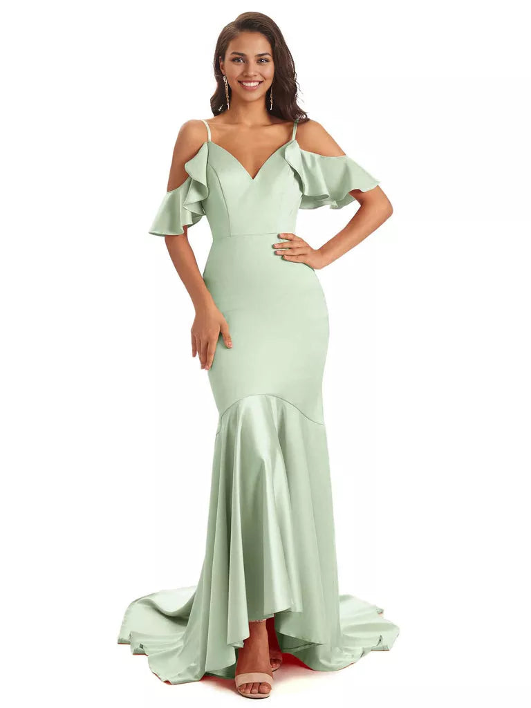 Soft Satin Asymmetric Spaghetti Straps Sleeveless Mermaid Cold Shoulder Bridesmaid Dresses