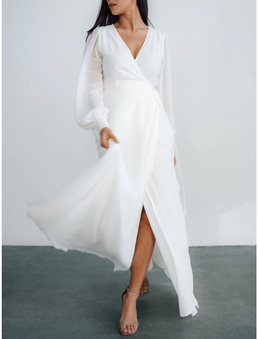 Ivory Satin A-Line V-Neck Floor-Length Wrap Dress with Sheer Sleeves