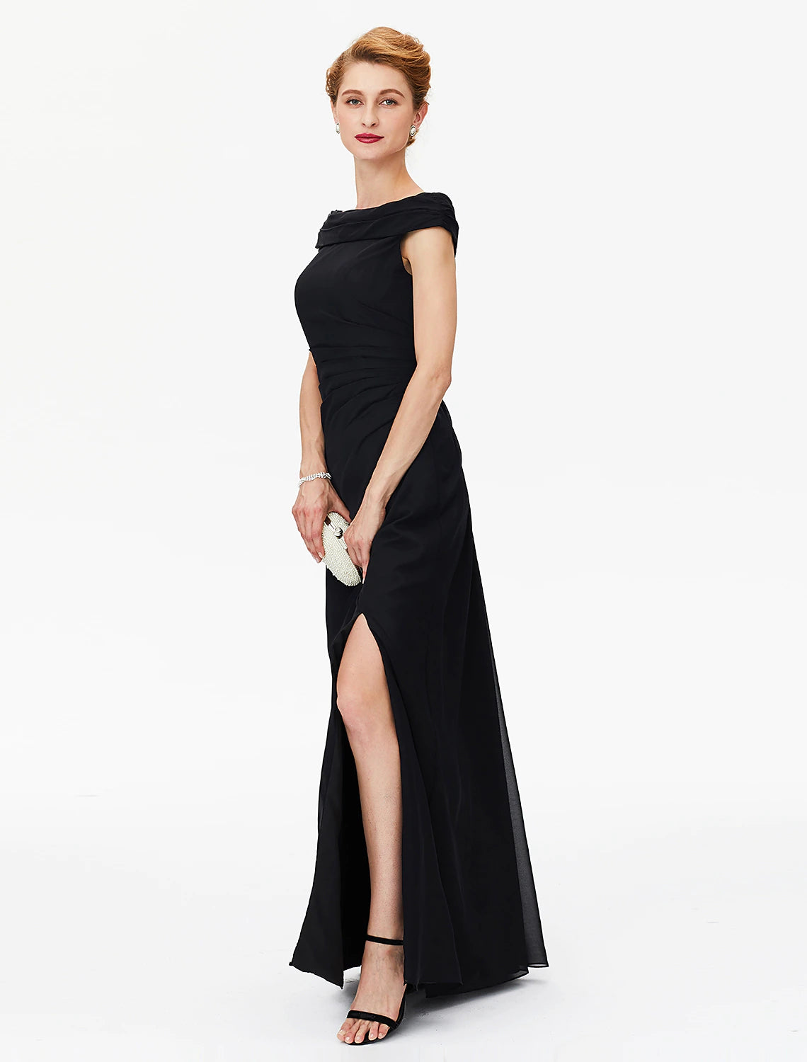 Vestido de madre de la novia con corte tubo/columna, hombros descubiertos, largo hasta el suelo, gasa, manga corta, sin mangas, con pliegues y abertura frontal