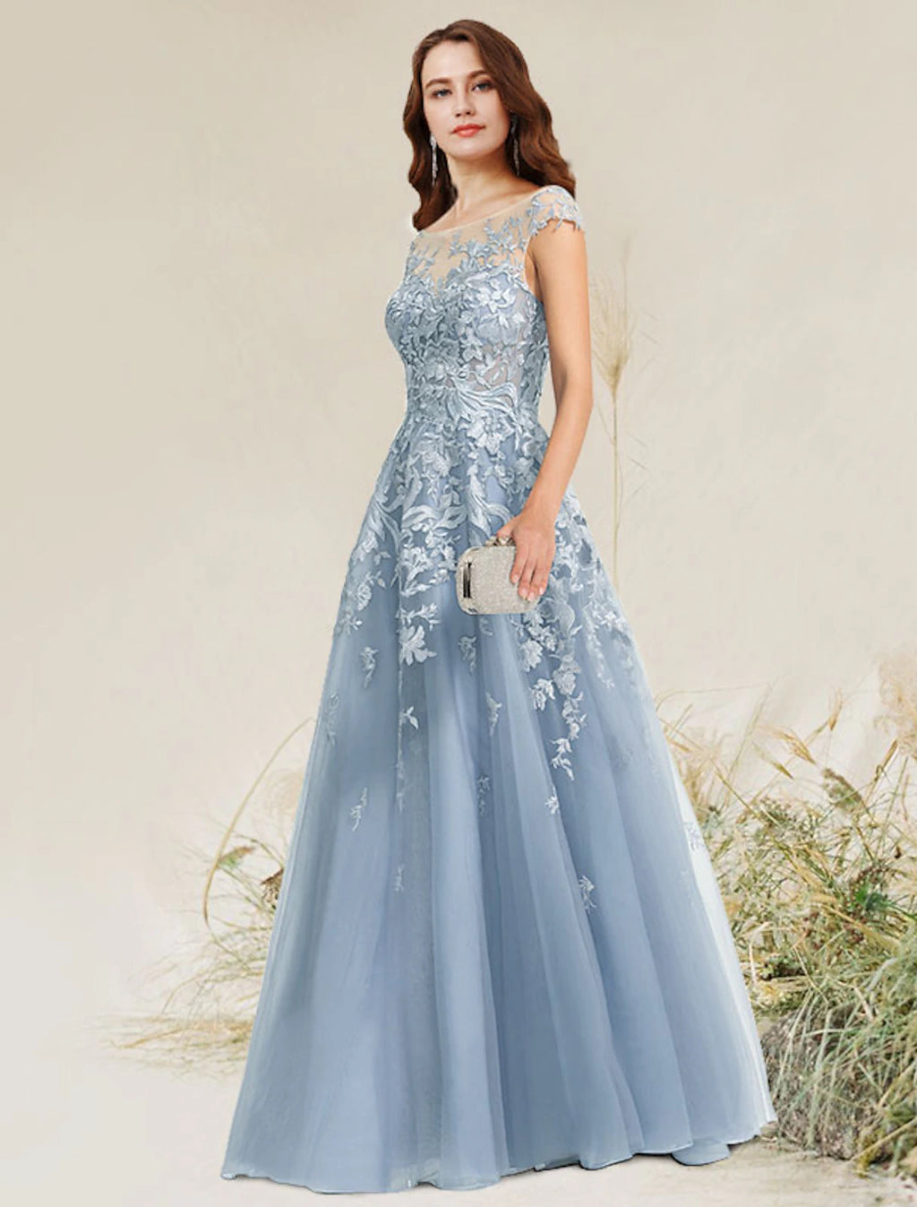 Abito da sera formale elegante in stile impero, a trapezio, senza maniche, con scollo gioiello, lunghezza al pavimento, in pizzo con applicazioni