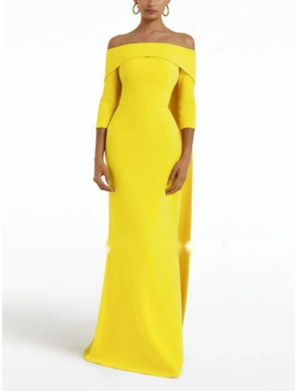 Vestido de noche elegante con corte en forma de columna, corte formal, cola larga, mangas 3/4, hombros descubiertos, tela con pliegues y fruncido.