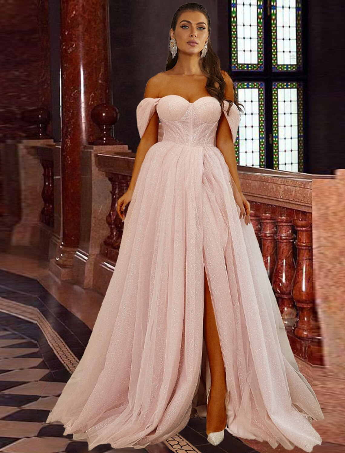 Blushing Pink Glitter Tulle Off-the-Shoulder A-Line Floor-Length Evening Dress