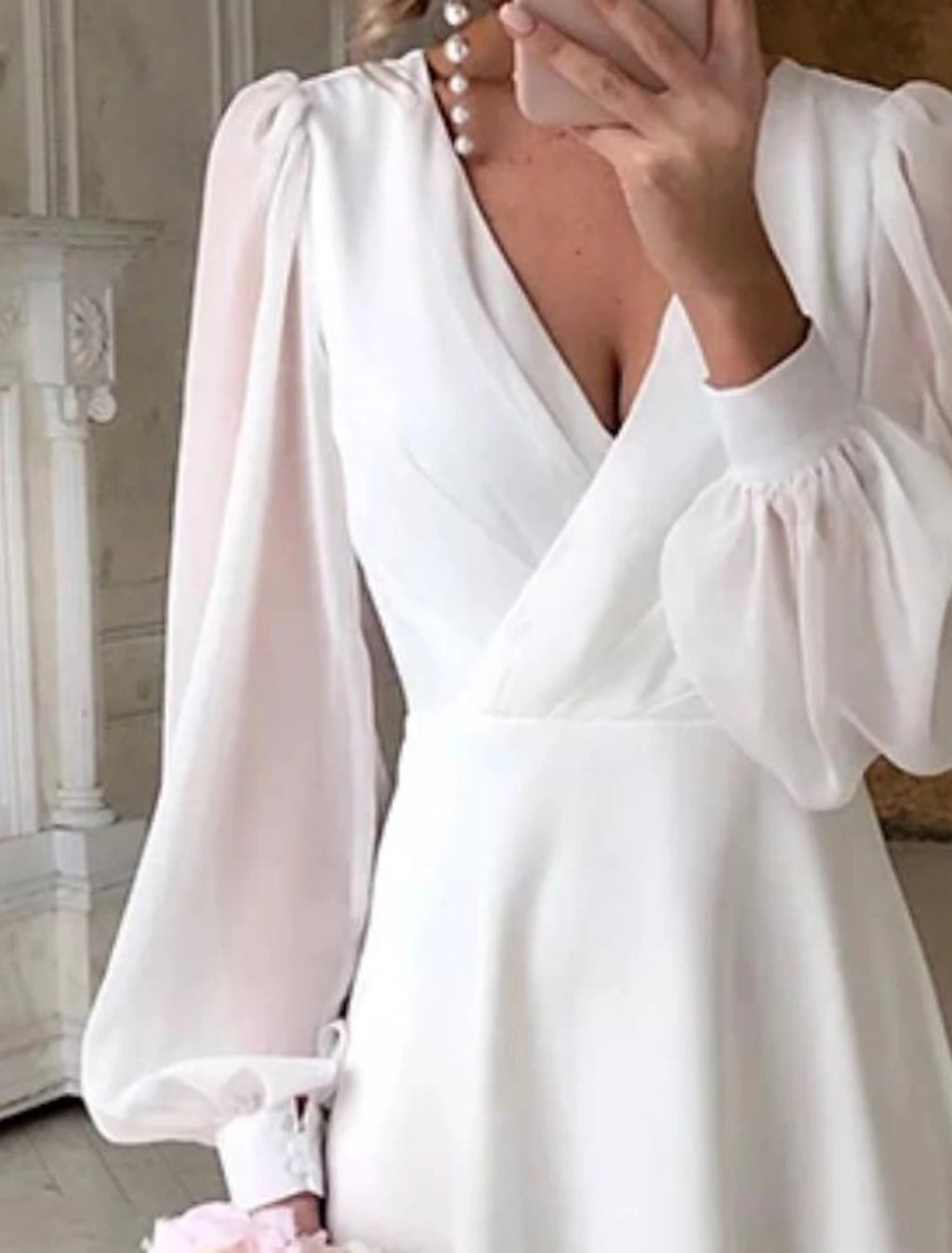 Ivory Satin A-Line Tea-Length Bridesmaid Dress with High Neck and Voluminous Puff Sleeves