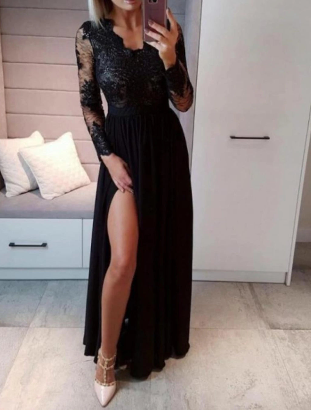 Black Lace A-Line Floor-Length Dress with V-Neck & Back Zip