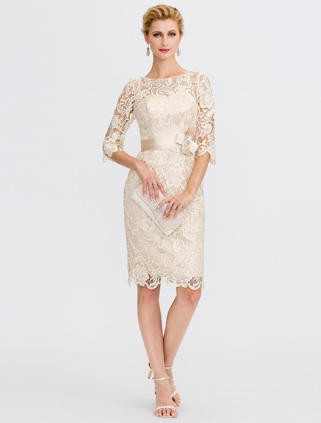 Champagne Lace Mother Of The Bride Knee-Length Dress | Boat Neck Sheath