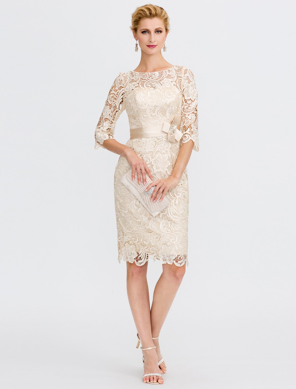 Champagne Lace Mother Of The Bride Knee-Length Dress | Boat Neck Sheath