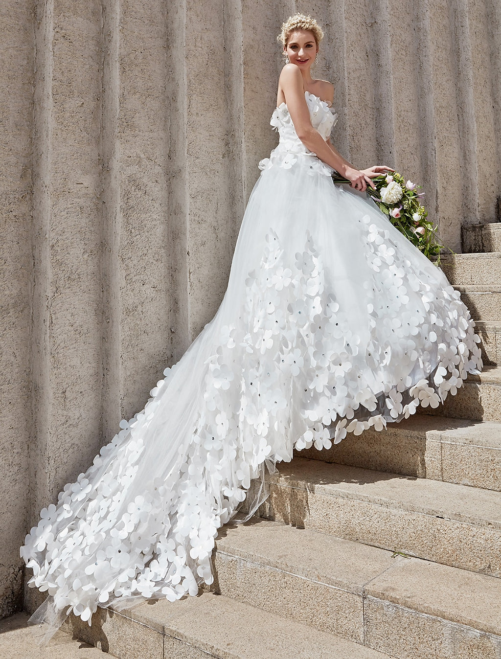 White Tulle A-Line Sweetheart Floor-Length Evening Dress with 3D Floral Appliques