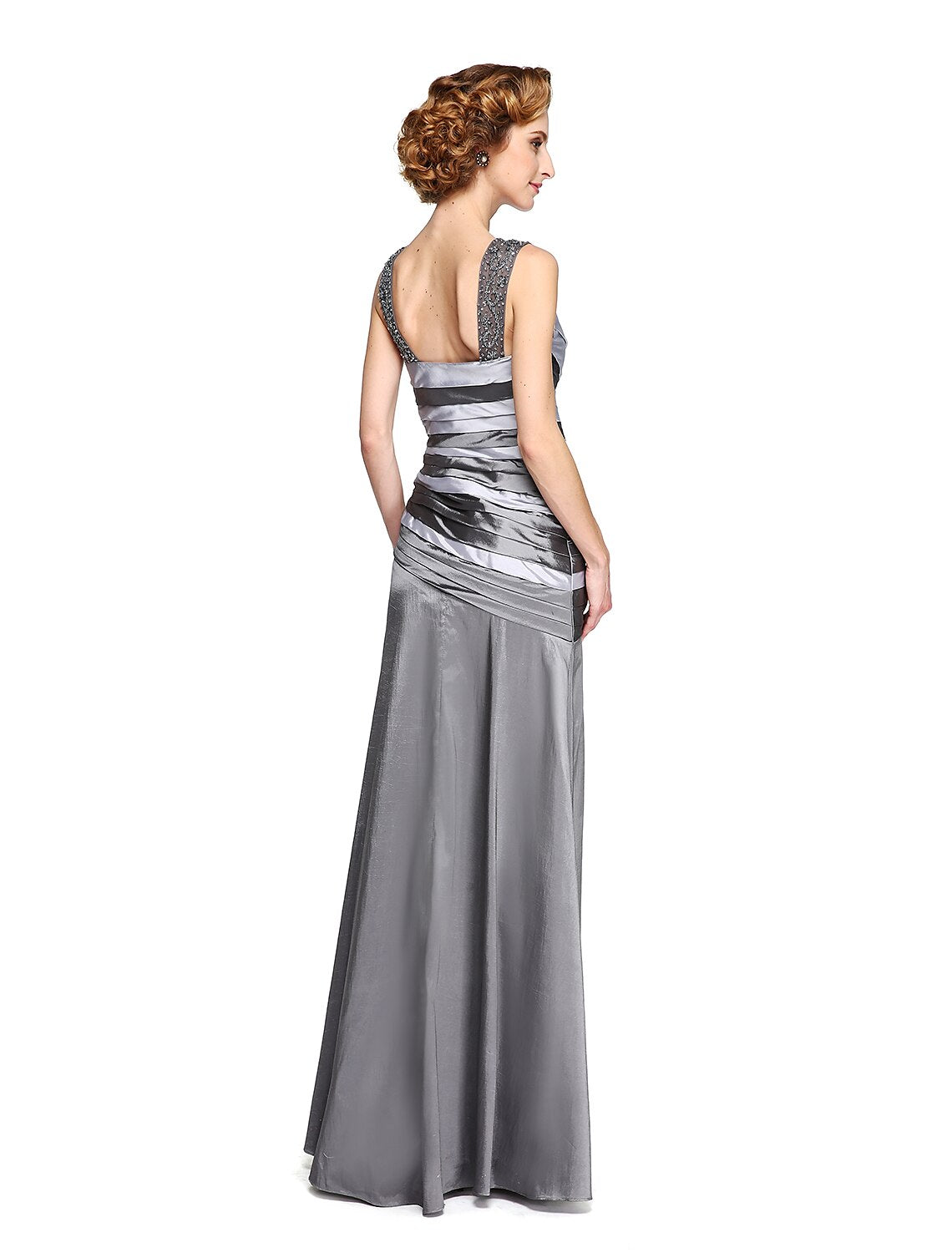 Abito da madre della sposa a trapezio, due pezzi, spalline, lunghezza alla caviglia, in raso, senza maniche, con drappeggio di perline