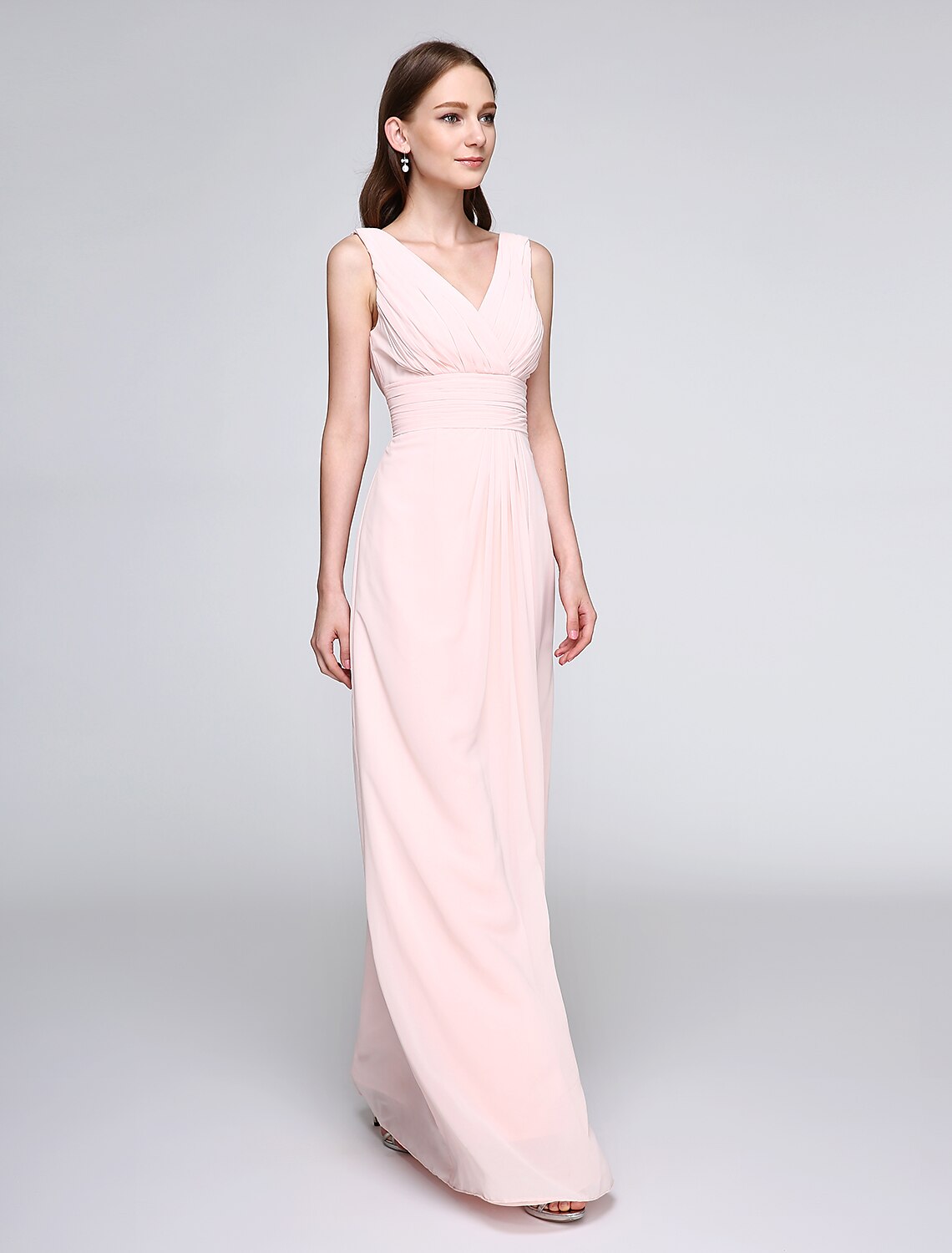 Abito da damigella d'onore a tubino/colonna, scollo a V, senza maniche, elegante, lunghezza pavimento, in chiffon con incrocio/arricciatura
