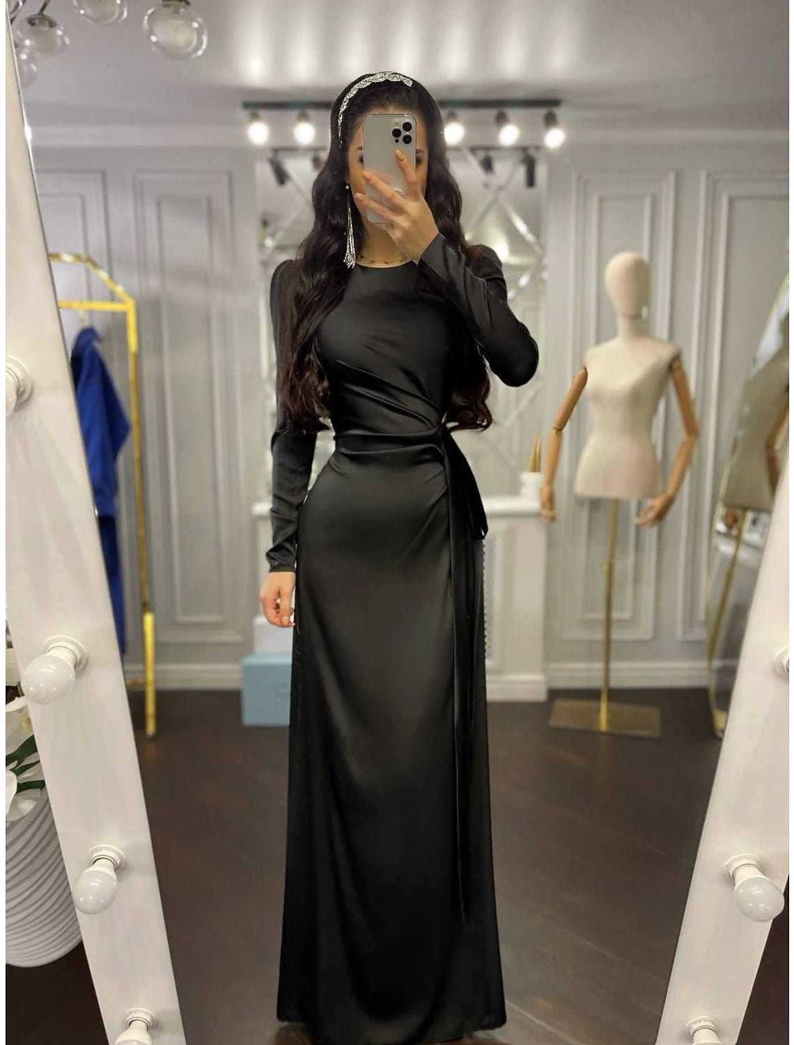 Olive Green Satin Sheath/column Floor-Length Dress with Scoop Neck and Draped Bodice