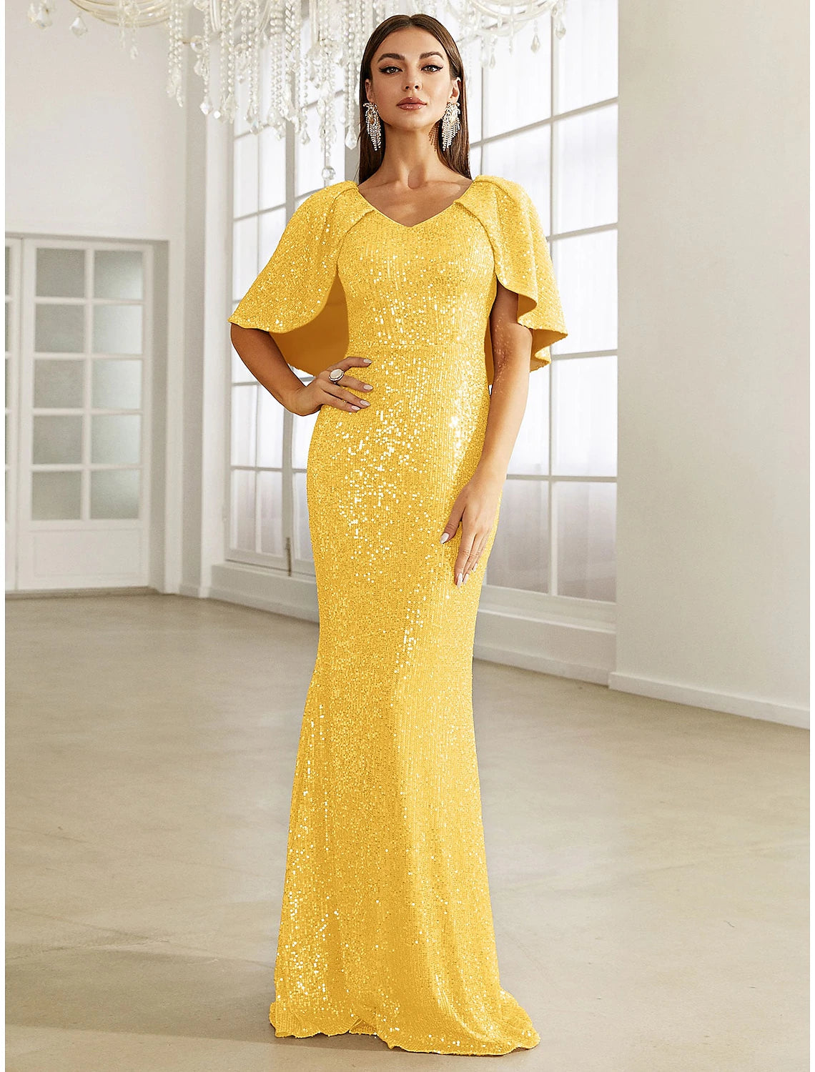 Gold Sequin V-Neck Sheath/column Floor-Length Evening Dress with Cape Sleeves