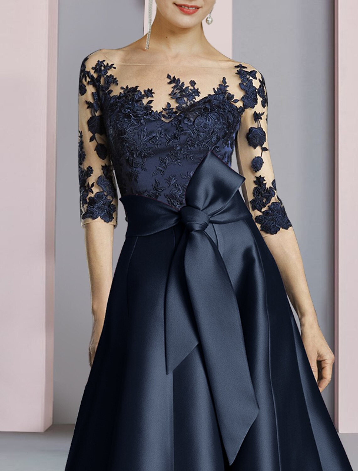 Dark Navy Satin A-Line Tea-Length Dress with Illusion Lace Bodice and Bow Waist