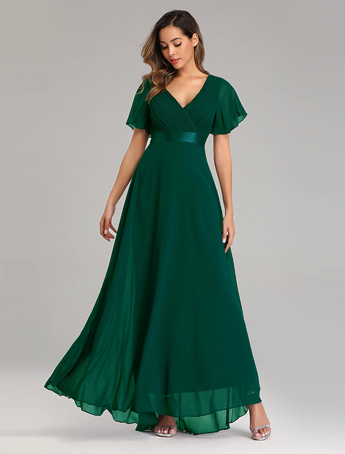 Burgundy Chiffon A-Line Floor-Length Bridesmaid Dress with V-Neck and Flutter Sleeves