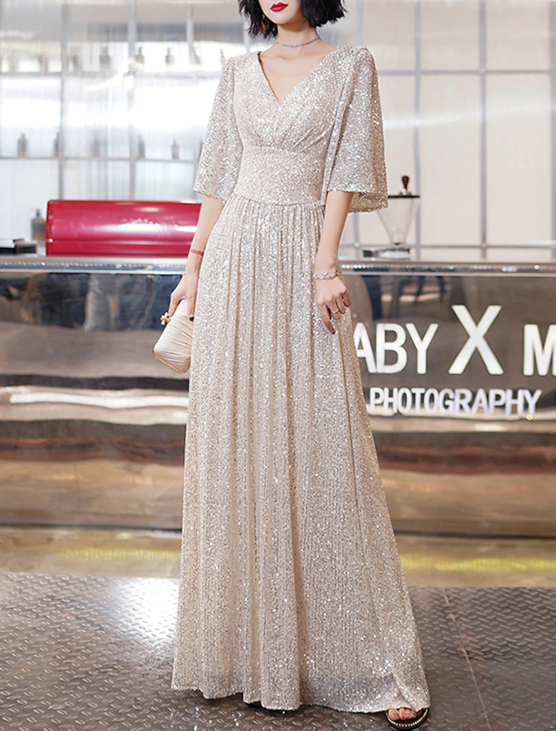 Champagne Sequin A-Line Floor-Length V-Neck Evening Dress with Flutter Sleeves for Prom & Wedding Guests