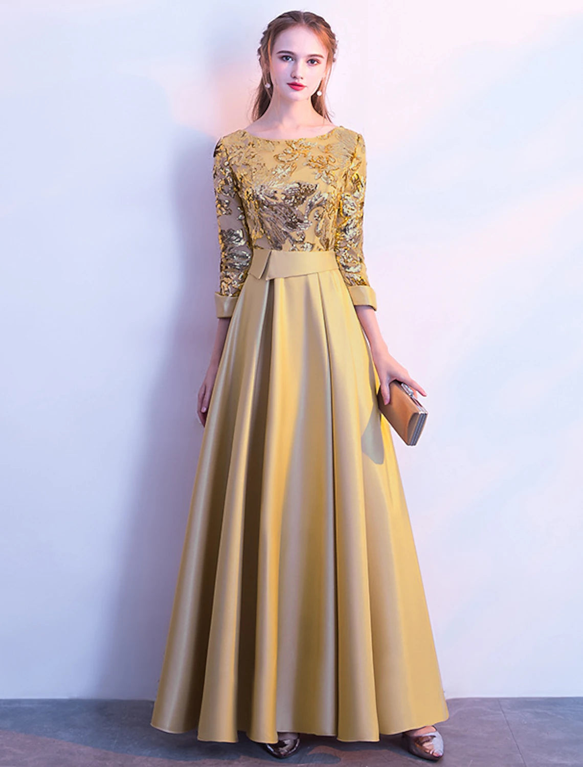 Gold Floor-Length A-Line Evening Dress with Embroidered Sequin Bodice