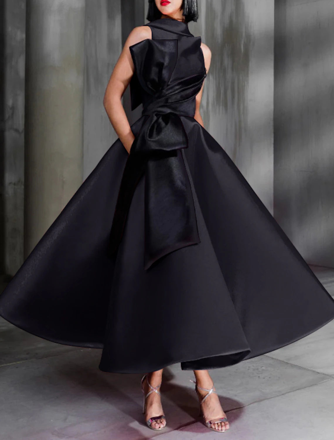 Vestido de fiesta con bloques de color, estilo celebridad, elegante, para graduación, formal, noche, cumpleaños, Navidad, rojo, verde, cuello alto, sin mangas, largo hasta los tobillos, satén con lazo(s), 2025