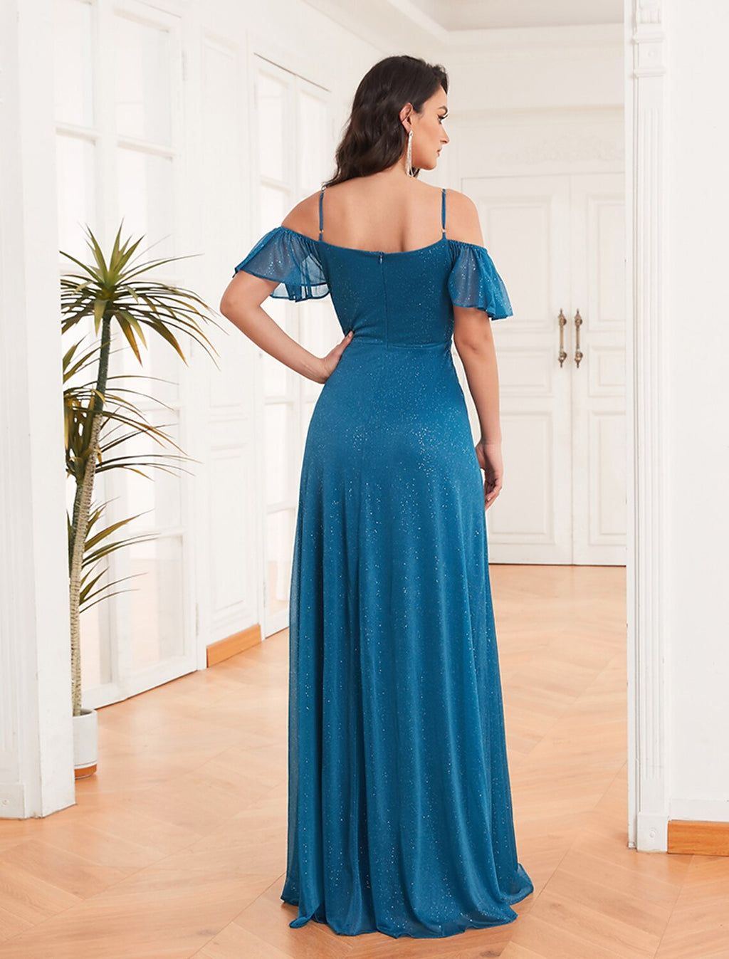 Teal Glitter Fabric A-Line Floor-Length Bridesmaid Dress