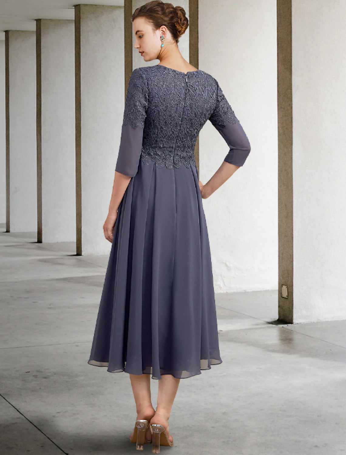 Slate Blue Lace & Chiffon A-Line Tea-Length Bridesmaid Dress with V-Neck and Sheer Sleeves
