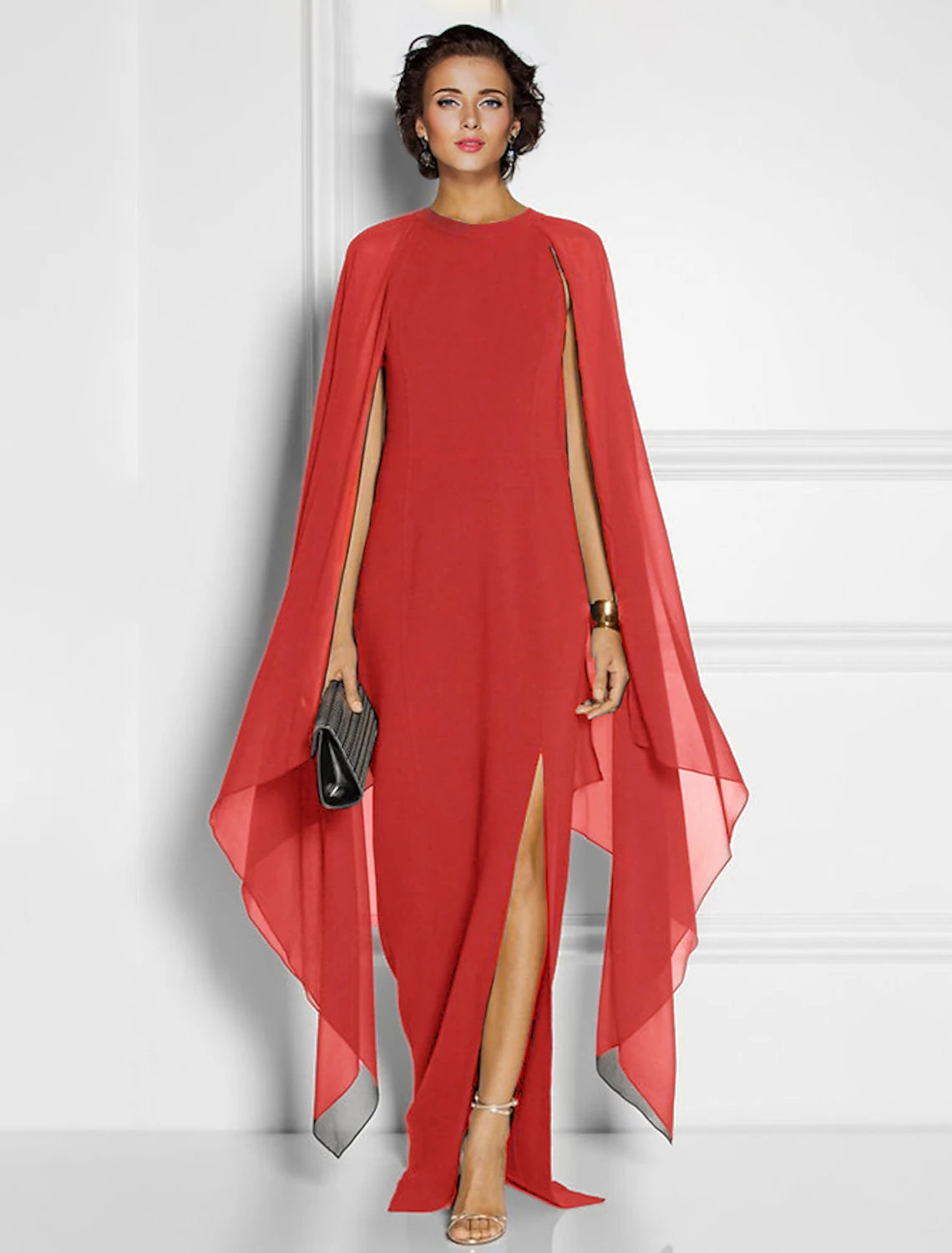 Black Crepe Sheath/column Floor-Length Evening Dress with Cape Sleeves and High Slit