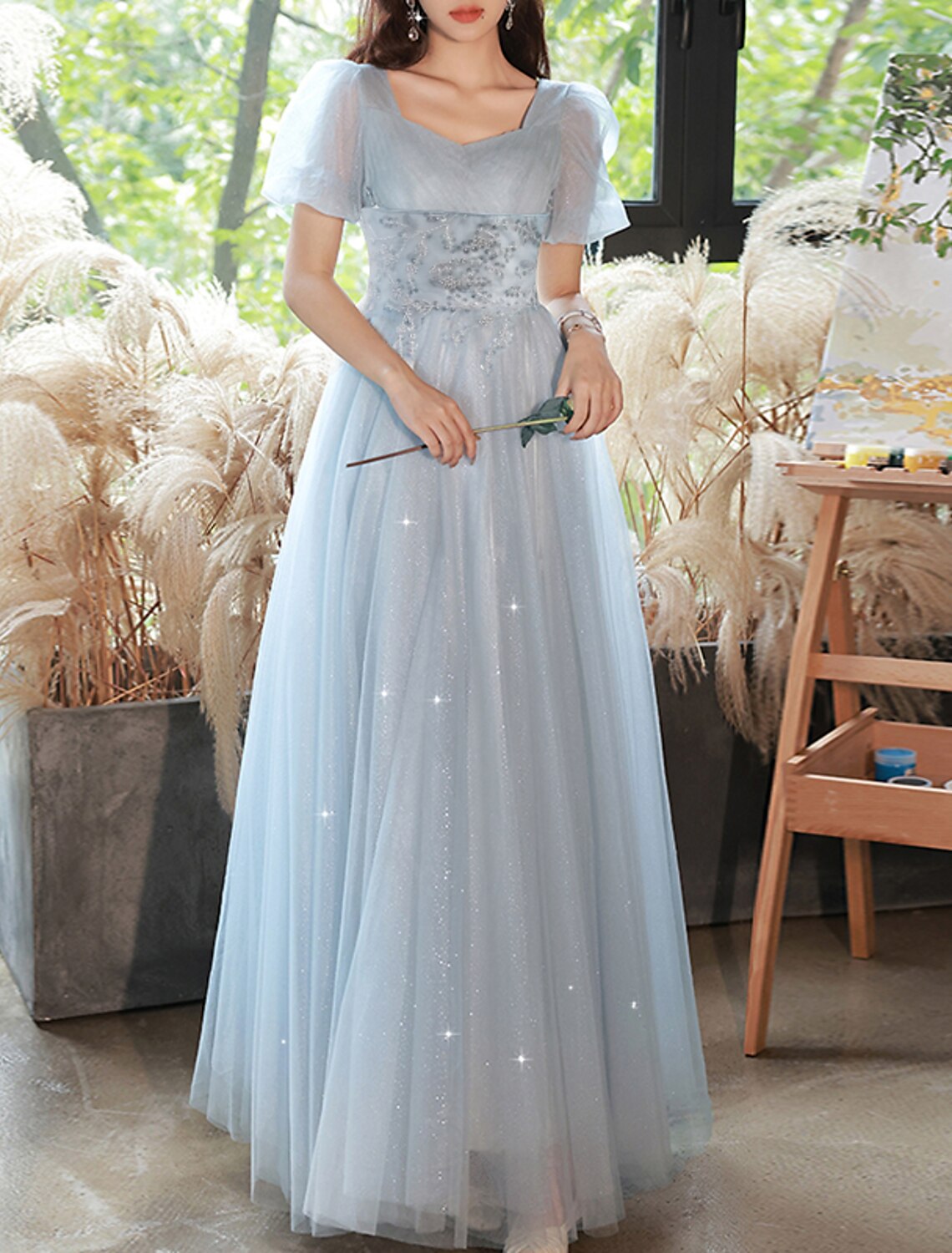 Vestido de noche de corte A con brillo y destellos, vestido de fiesta para San Valentín, largo hasta el suelo, manga corta, escote corazón, tul con cuentas y capas.