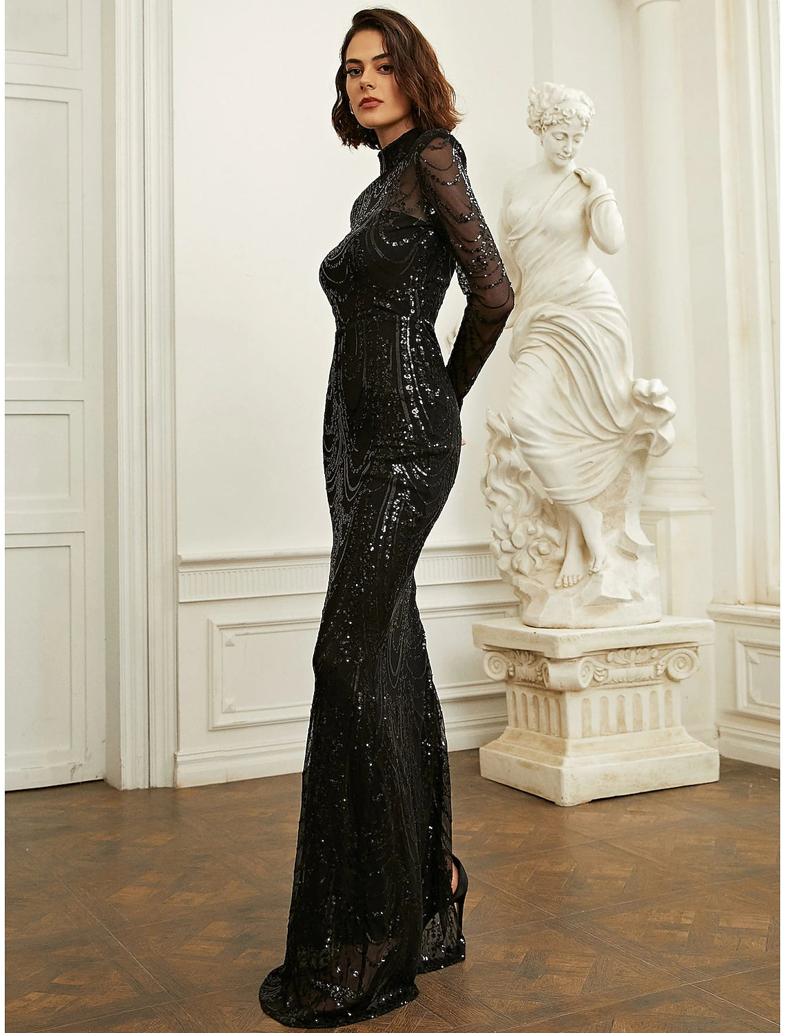 Vestido de noche con corte tubo/columna, brillante y con brillo, para invitados de boda formales, con cola larga y cuello alto, con lentejuelas y abertura con brillo.