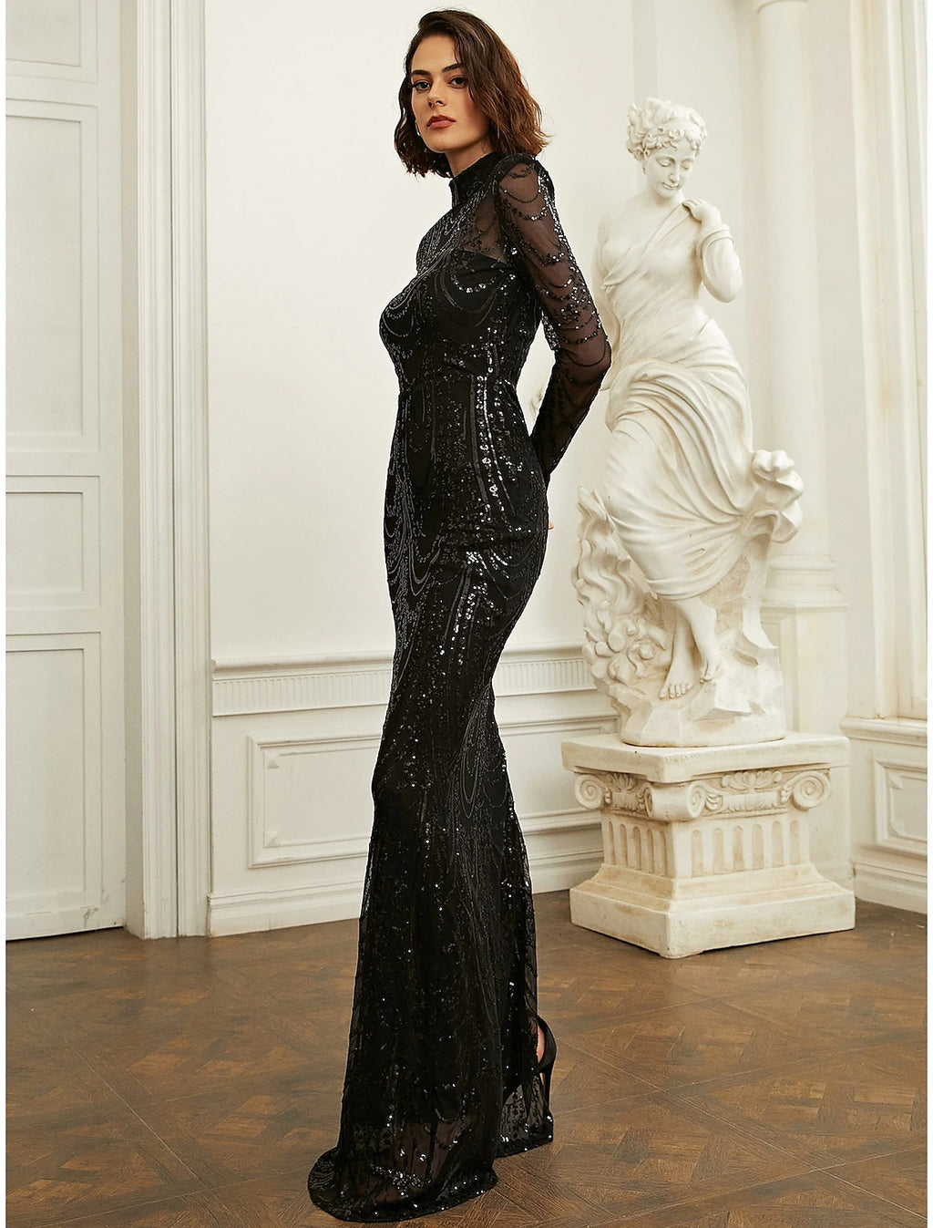 Black Sequin High Neck Sheath/column Floor-Length Dress with Full Sequin Embellishment and High Slit