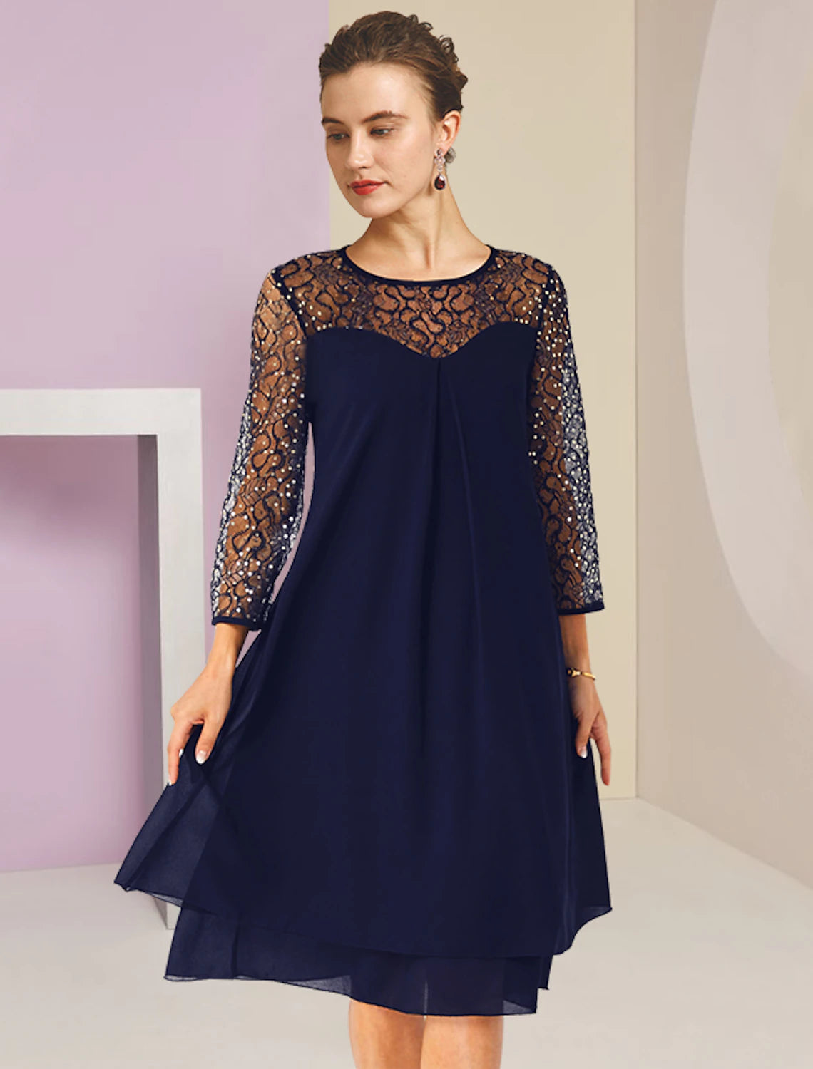 Dark Navy Chiffon A-Line Knee-Length Evening Dress with Sequin Sleeves