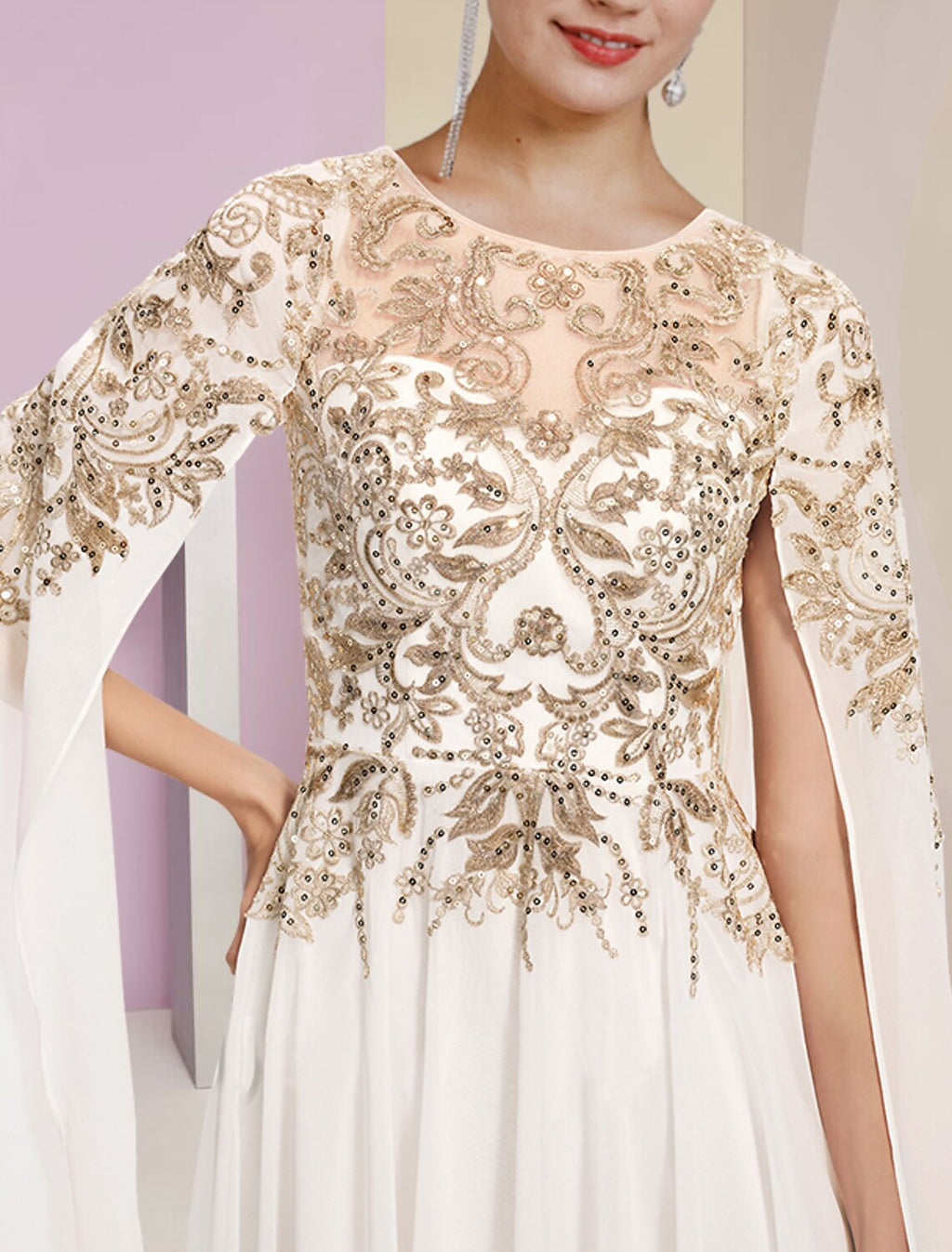 Ivory Chiffon A-Line Floor-Length Dress with Illusion Neck and Embroidered Bodice + Flowy Cape for Black-Tie & Wedding Guest