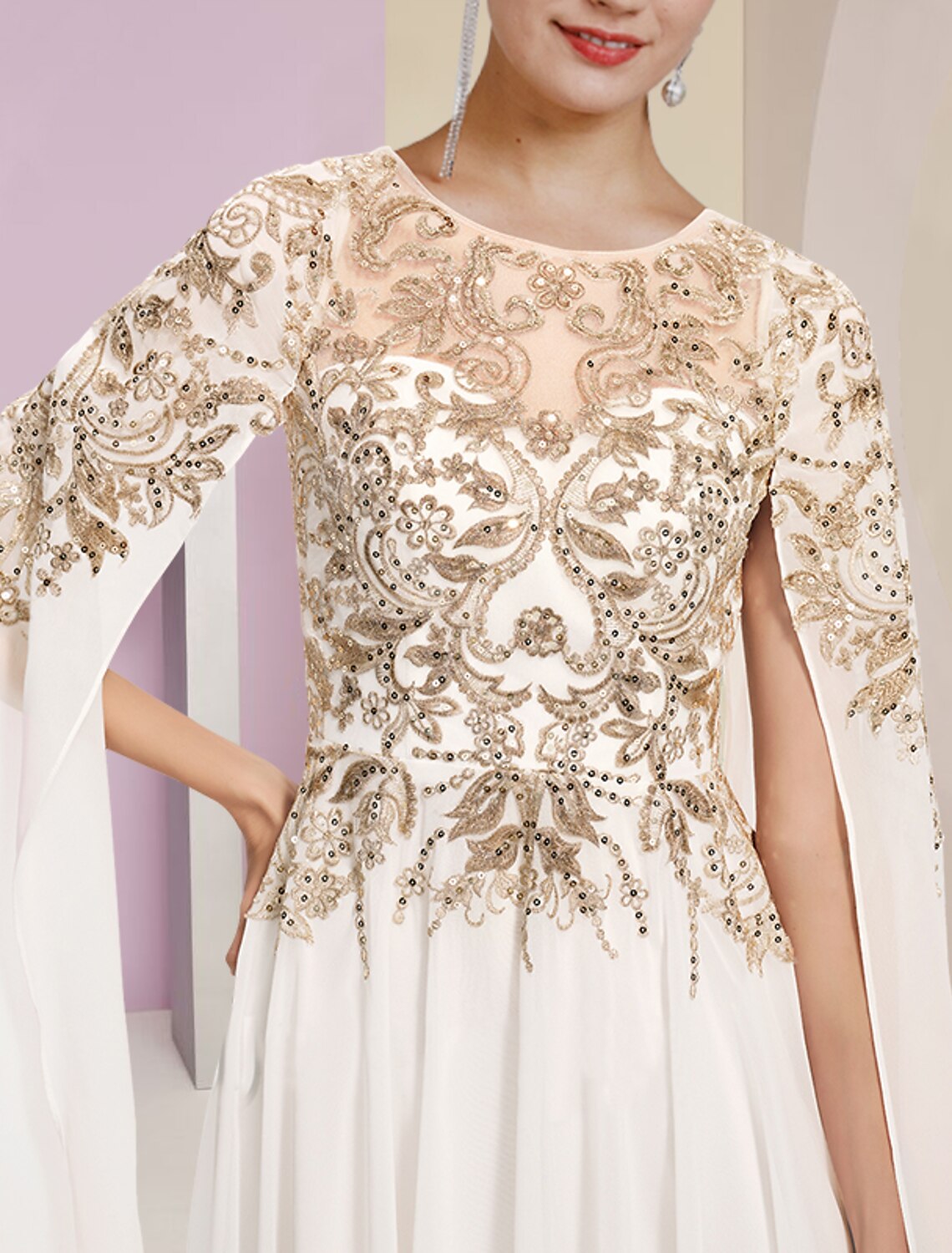 Ivory Chiffon A-Line Floor-Length Dress with Illusion Neck and Embroidered Bodice + Flowy Cape for Black-Tie & Wedding Guest