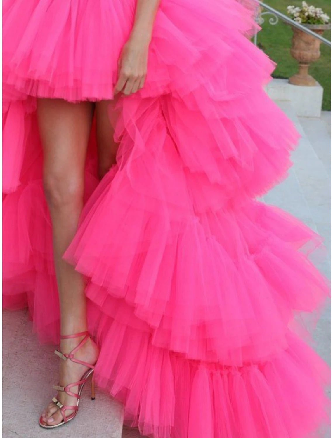 Vestido de fiesta de baile, vestido plisado escalonado, fiesta de boda, cumpleaños, asimétrico, sin mangas, sin tirantes, de tul con lazo(s).