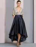 Vestido de Madre de la Novia de Corte A para Invitadas de Boda Elegante Brillo y Resplandor Escote en V Alto y Bajo Asimétrico Largo hasta la rodilla Satén Lentejuelas Manga Corta con Pliegues