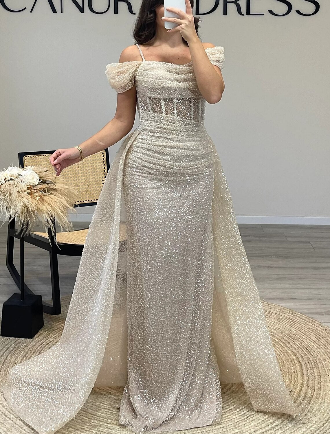 Sheath / Column Prom Dresses Elegant Dress Formal Prom Floor Length Short Sleeve Off Shoulder Sequined with Glitter Ruched