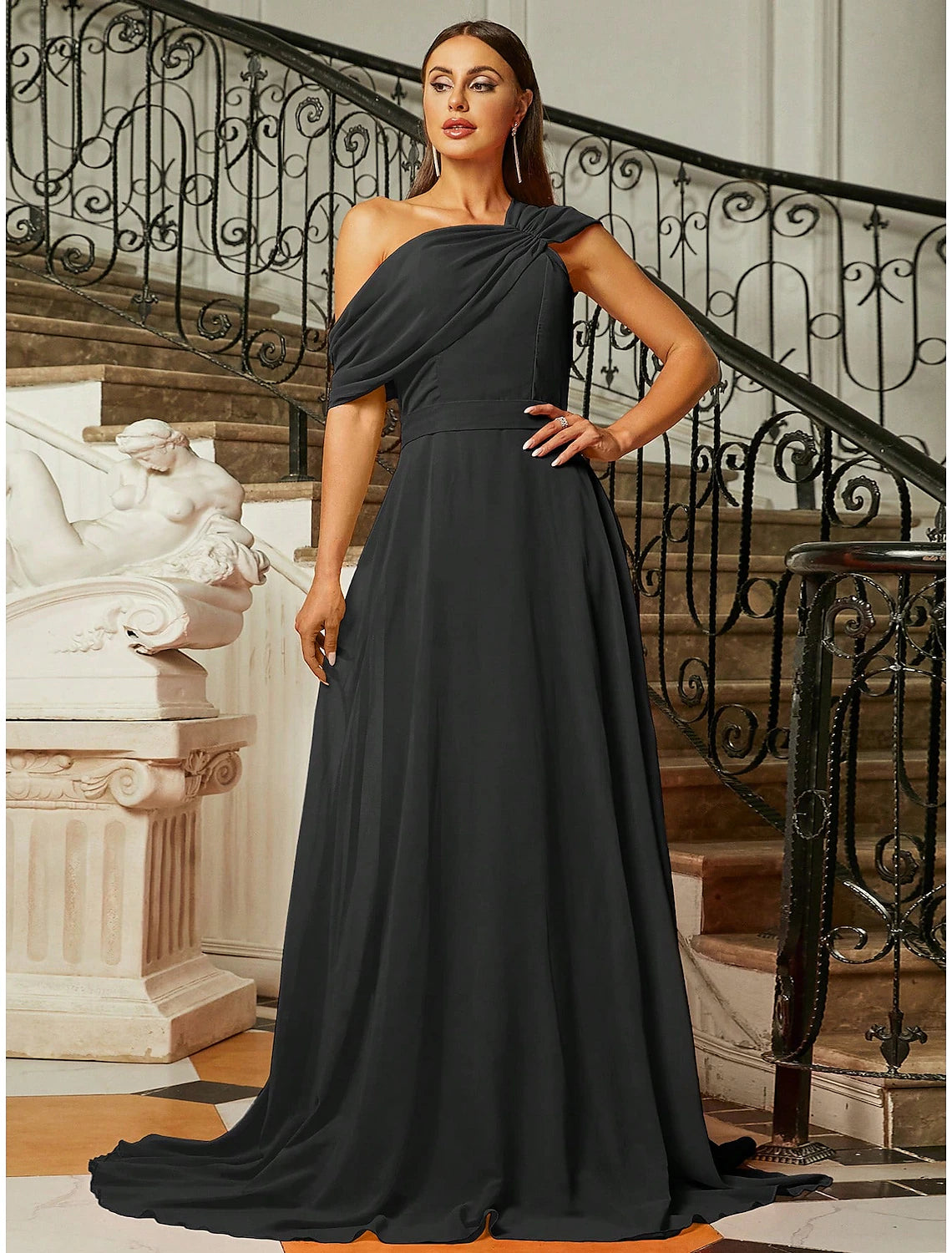 Black One Shoulder Chiffon A-Line Floor-Length Gown